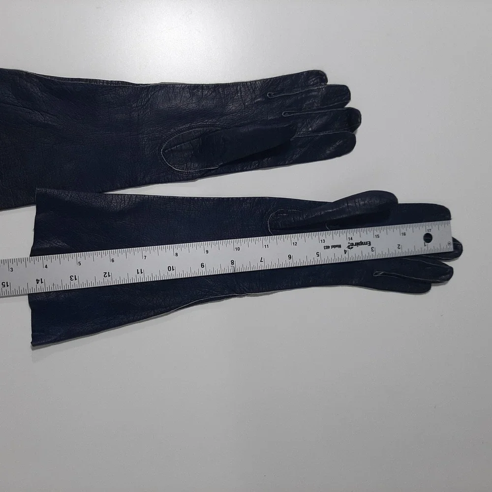 Vintage Kislav Kid Leather Navy Gloves Made in France Sz 7 Opera Length '50's